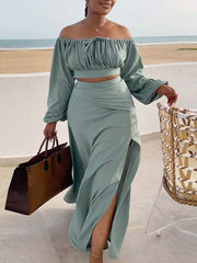 Off-Shoulder Crop Top & Slit Skirt Set Ins Street