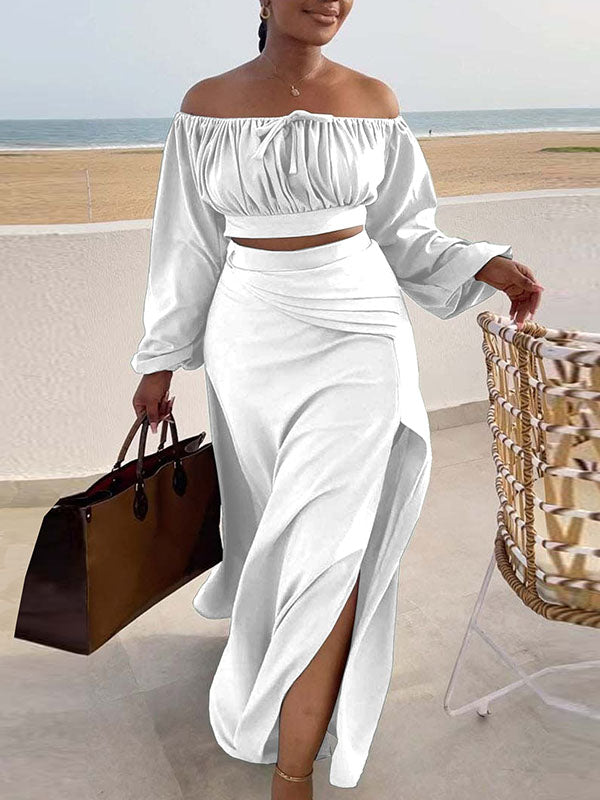 Off-Shoulder Crop Top & Slit Skirt Set Ins Street