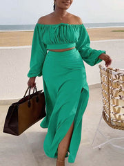Off-Shoulder Crop Top & Slit Skirt Set Ins Street