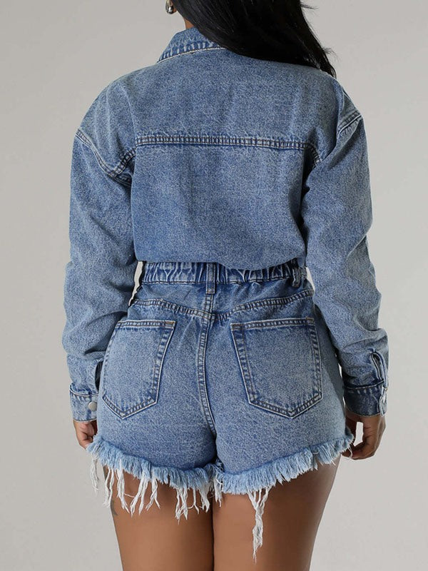 Distressed Snap-Front Denim Romper Ins Street