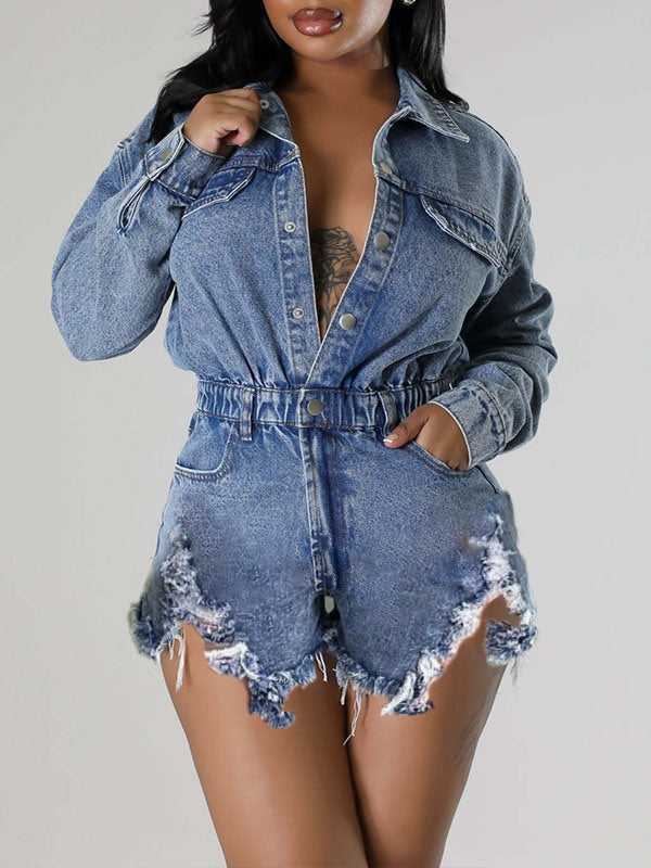 Distressed Snap-Front Denim Romper Ins Street