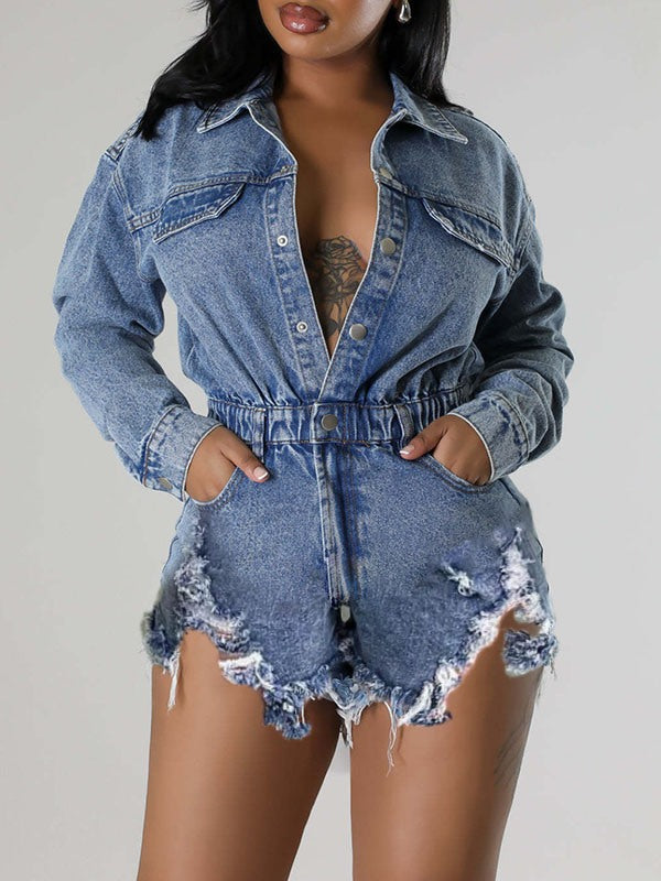 Distressed Snap-Front Denim Romper Ins Street