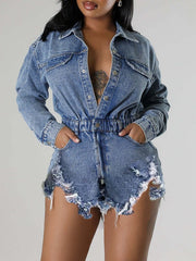 Distressed Snap-Front Denim Romper Ins Street