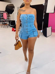 Button-Front Strapless Denim Romper Ins Street