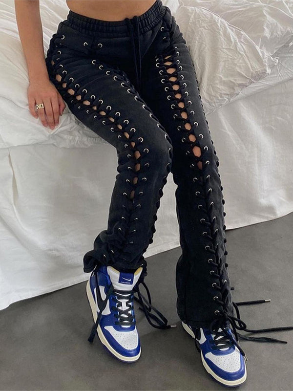 Black Lace-Up Pants Ins Street