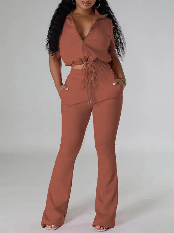 Solid Zip Top & Drawstring Pants Set Ins Street