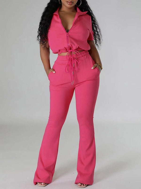 Solid Zip Top & Drawstring Pants Set Ins Street