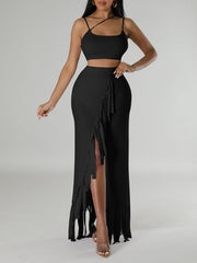 Solid Cami Top & Fringe Skirt Set Ins Street