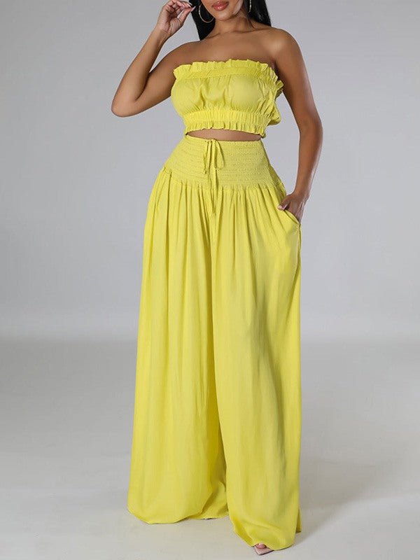 Solid Bandeau Top & Wide-Leg Pants Set Ins Street