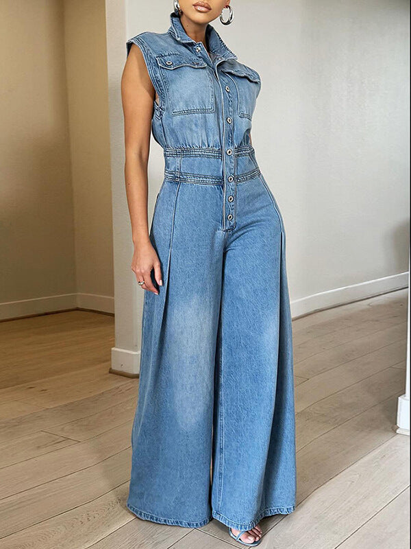 Button-Front Denim Jumpsuit Ins Street