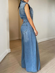 Button-Front Denim Jumpsuit Ins Street