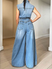 Button-Front Denim Jumpsuit Ins Street