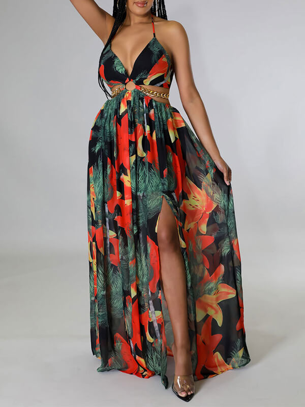 Printed Halter Slit Dress Ins Street