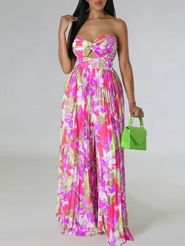 Printed Strapless Pleated Jumpsuit Ins Street