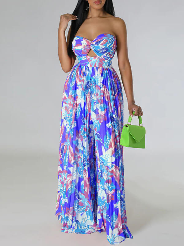 Printed Strapless Pleated Jumpsuit Ins Street