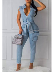 Zip-Front Sleeveless Denim Jumpsuit Ins Street