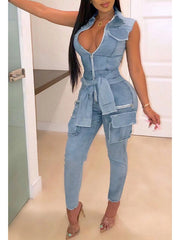 Zip-Front Sleeveless Denim Jumpsuit Ins Street