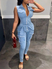 Zip-Front Sleeveless Denim Jumpsuit Ins Street