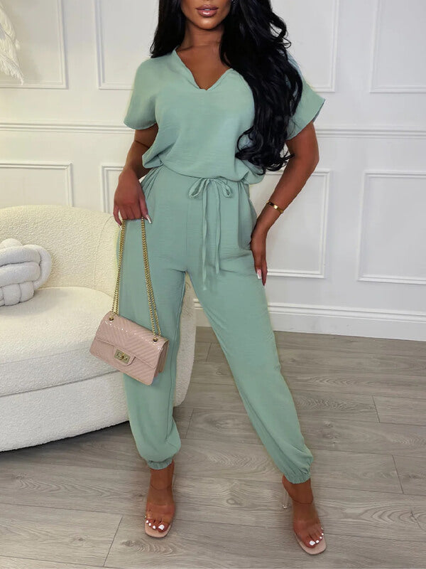 Solid V-Neck Tied Jumpsuit Ins Street