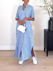 Stripe Side-Slit Shirt Dress Ins Street