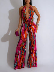 Printed Plunge Halter Jumpsuit Ins Street