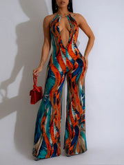 Printed Plunge Halter Jumpsuit Ins Street