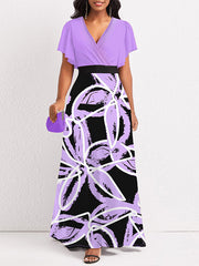 Printed-Combo V-Neck Maxi Dress Ins Street