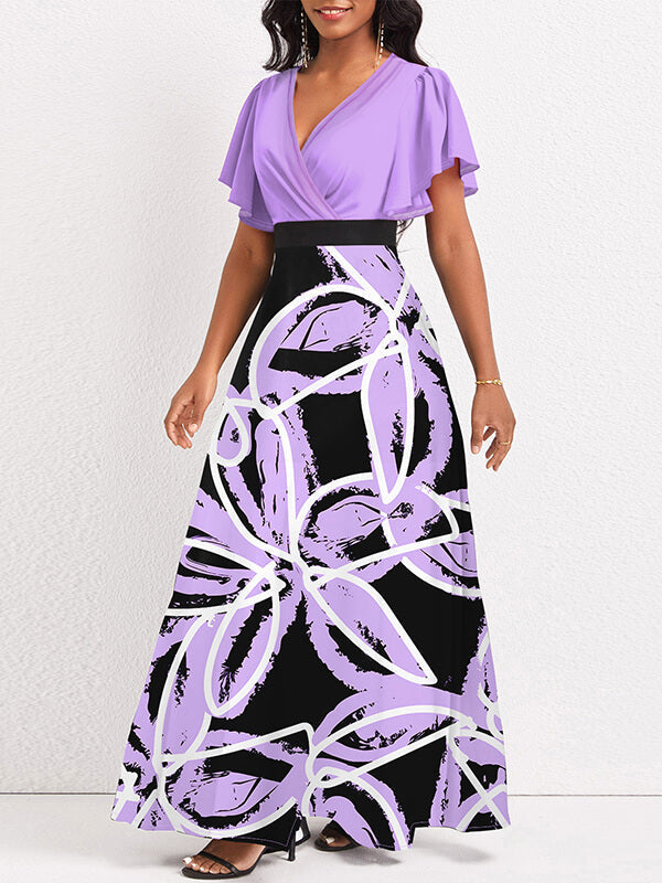 Printed-Combo V-Neck Maxi Dress Ins Street