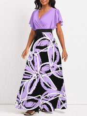 Printed-Combo V-Neck Maxi Dress Ins Street