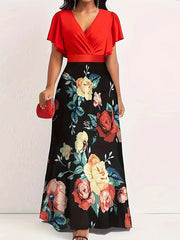 Printed-Combo V-Neck Maxi Dress Ins Street