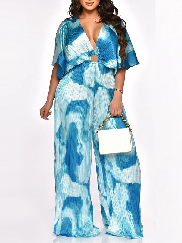 Printed V-Neck Pleated Wide-Leg Jumpsuit Ins Street