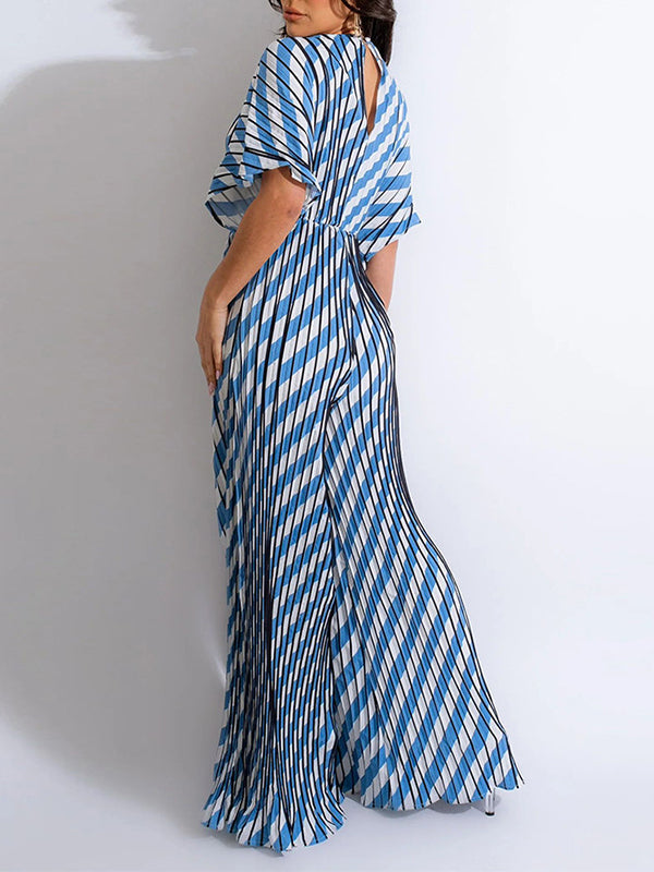 Printed V-Neck Pleated Wide-Leg Jumpsuit Ins Street