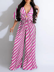 Printed V-Neck Pleated Wide-Leg Jumpsuit Ins Street