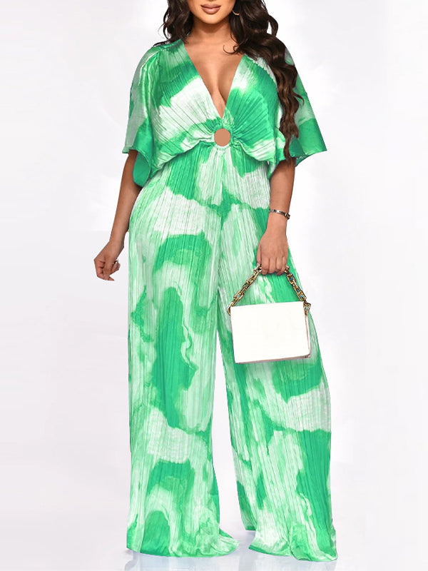 Printed V-Neck Pleated Wide-Leg Jumpsuit Ins Street