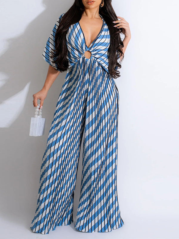 Printed V-Neck Pleated Wide-Leg Jumpsuit Ins Street