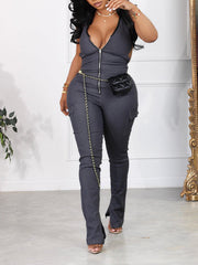 Halter Zip-Front Jumpsuit Ins Street