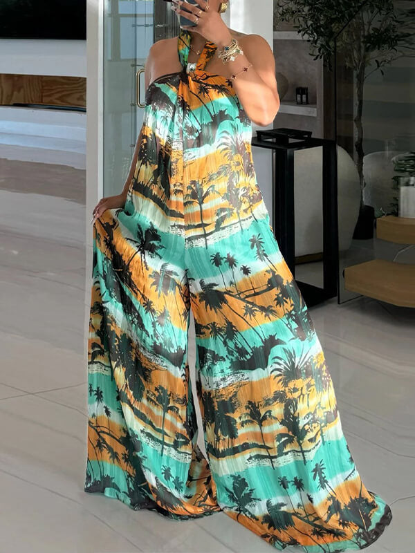 Printed Halter Wide-Leg Jumpsuit Ins Street