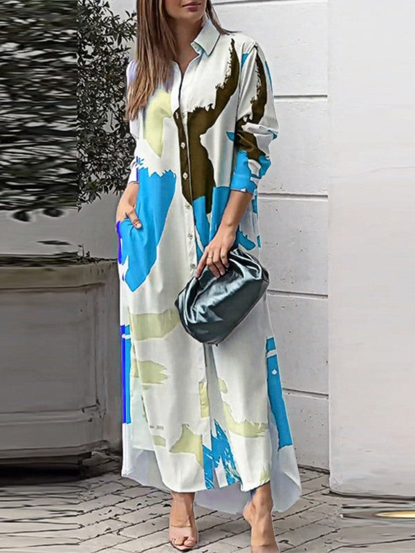 Printed Slit Shirt Dress Ins Street