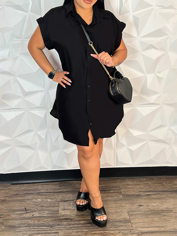 Solid Button-Front Shirt Dress Ins Street