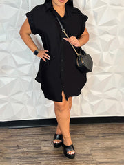 Solid Button-Front Shirt Dress Ins Street