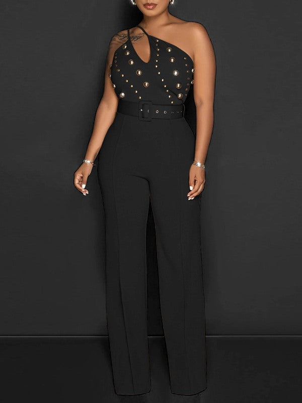 Studded Belted One-Shoulder Jumpsuit Ins Street