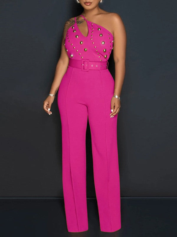 Studded Belted One-Shoulder Jumpsuit Ins Street