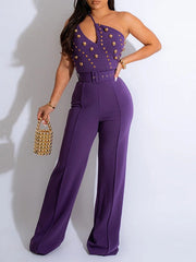 Studded Belted One-Shoulder Jumpsuit Ins Street