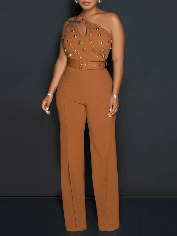 Studded Belted One-Shoulder Jumpsuit Ins Street