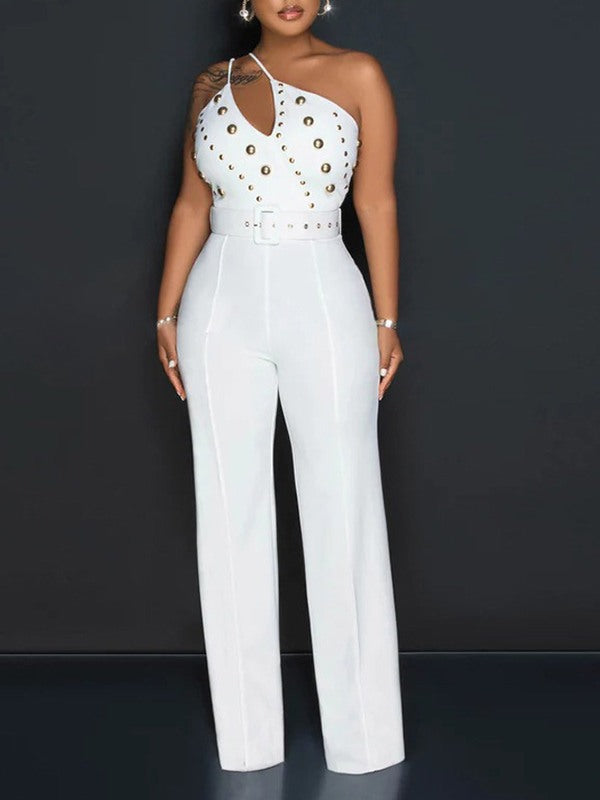 Studded Belted One-Shoulder Jumpsuit Ins Street