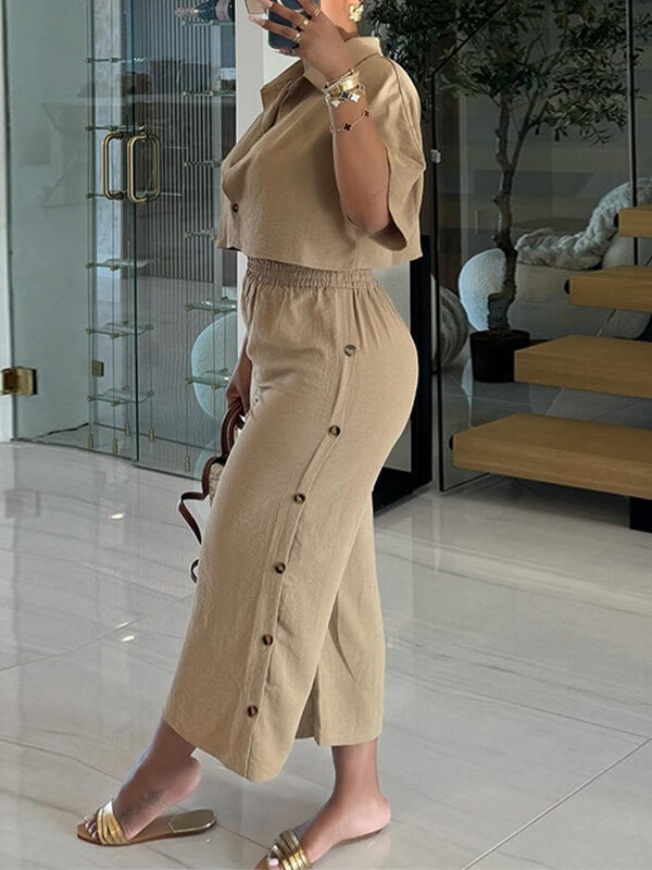 Solid Shirt & Button Pants Set Ins Street