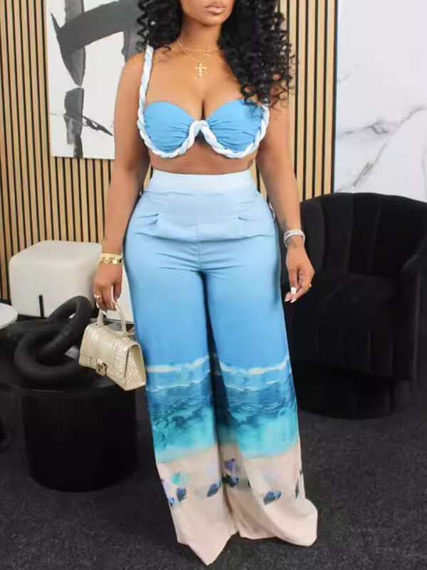 Printed Bandeau Top & Wide-Leg Pants Set Ins Street