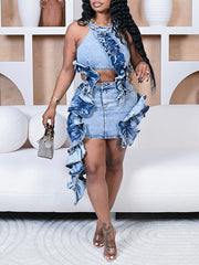 Frilled Denim Skirt Set Ins Street