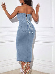 Lace-Up Strapless Denim Dress Ins Street