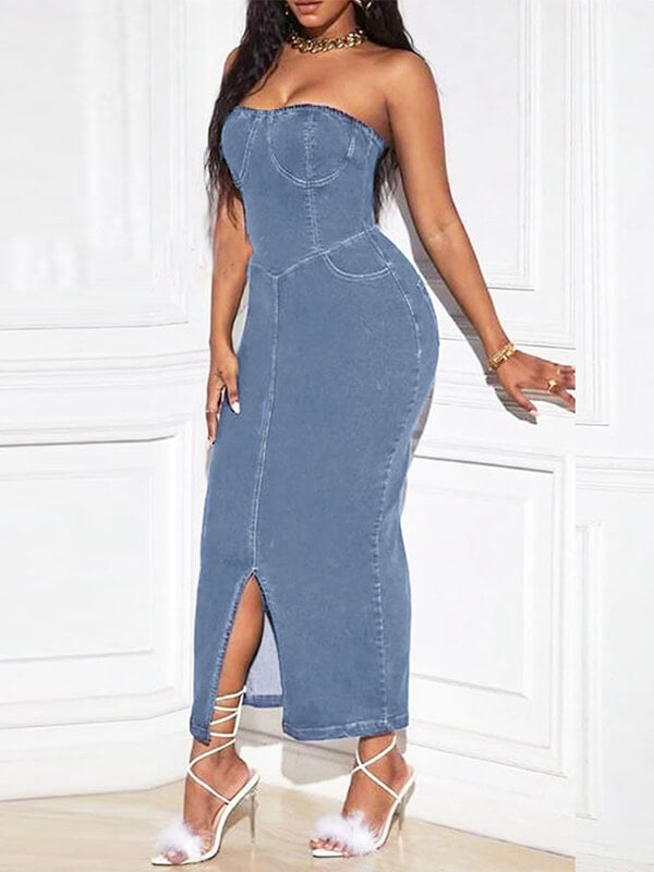 Lace-Up Strapless Denim Dress Ins Street